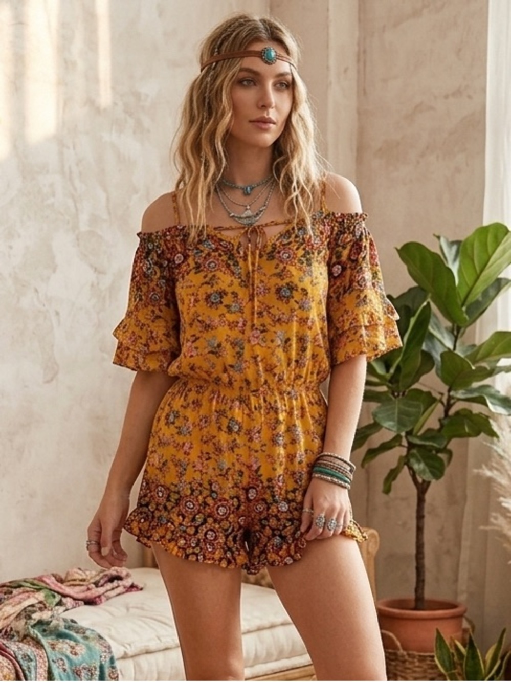 Boho Floral Ruffle Off Shoulder Romper Mustard Festival Cottagecore Small Umgee
